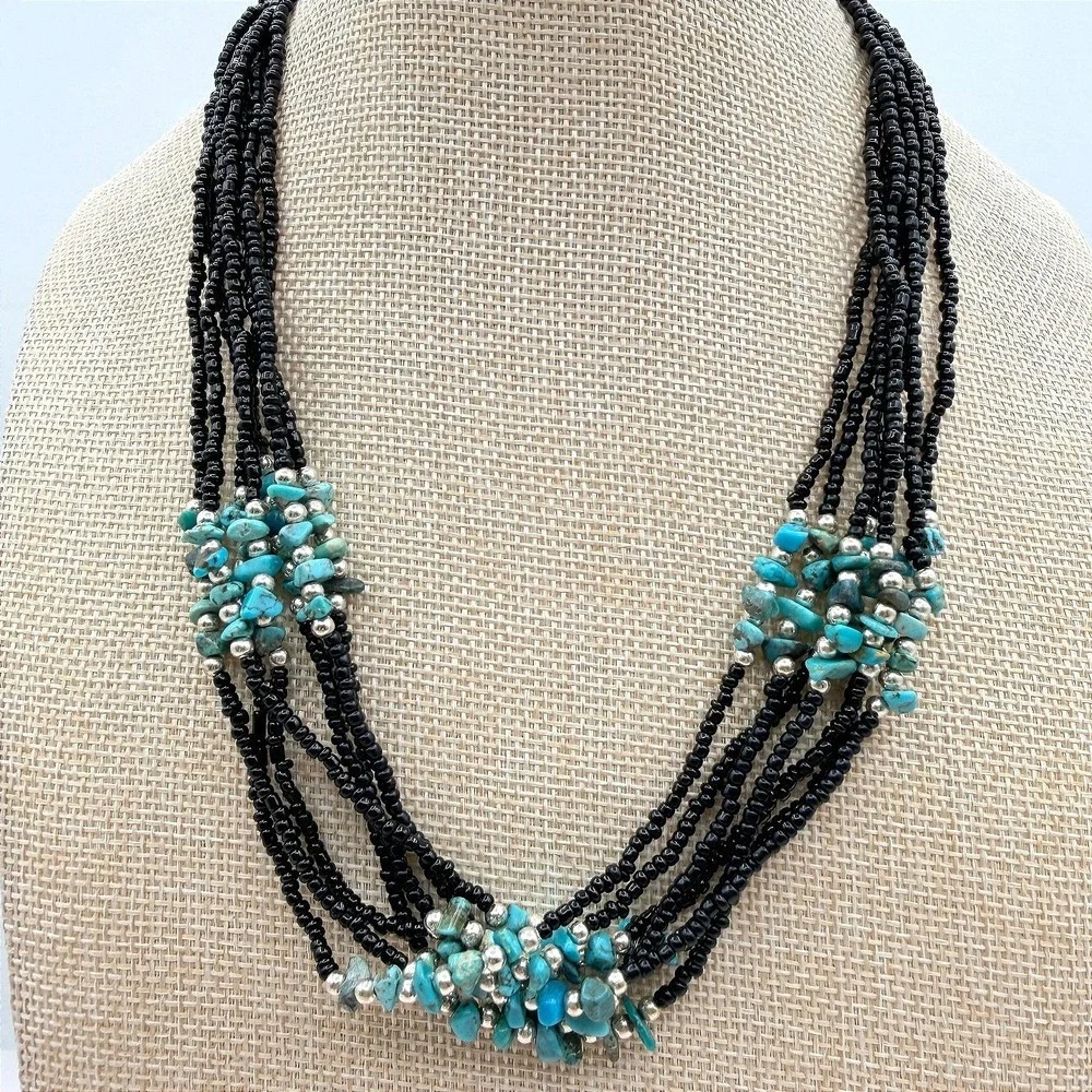Vintage 90s Multi Strand Turquoise Black Glass Seed Bead Statement Necklace Boho
